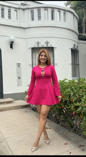 Vestido elegante de manga larga cuello redondo con contraste para mujer
