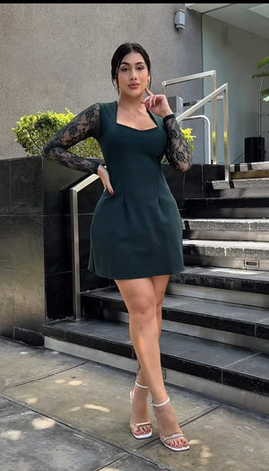 Vestido elegante de manga larga con cuello cuadrado de encaje con contraste para mujer