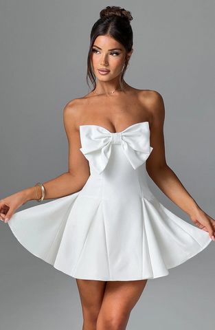 Image of Vestido sin tirantes para mujer, vestido corto para fiesta, con lazo, cóctel, playa, club, vestidos cortos