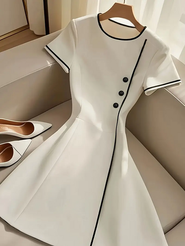 Image of Vestido corto a cuadros para mujer, vestido mini de manga larga con escote cuadrado, decoración de botones falsos, casual y elegante