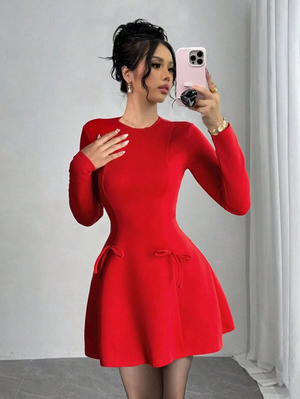 Vestido mini con cuello redondo, cintura marcada y corte campana, decoración de moño y cremallera oculta en la espalda, Nuevo diseño 2025
