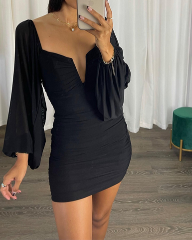 Image of Vestido para mujer, vestido de fiesta de doble capa de manga larga, VESTIDO DRAPEADO