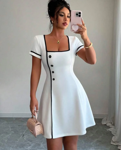 Image of Vestido corto a cuadros para mujer, vestido mini de manga larga con escote cuadrado, decoración de botones falsos, casual y elegante
