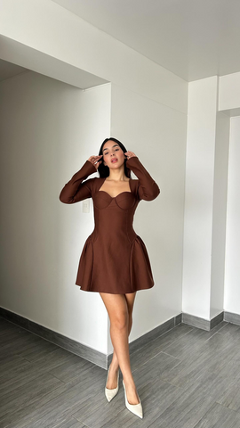 Image of Vestido corto sexy con corsé para mujer, elegante, fruncido, de manga larga, vestido corto de cóctel, acampanado, vestidos formales