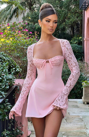 Vestido corto de manga larga de encaje para mujer, sexy, espalda corset, con lazo, con volantes, vestido ajustado fluido para discoteca