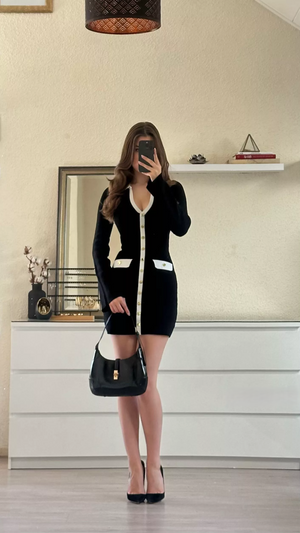 Vestido de manga larga con escote en V para mujer con ribete en contraste