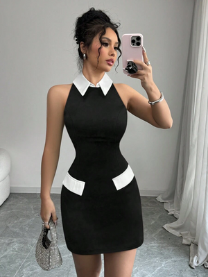 Vestido mini ajustado con cuello y bloques de color en blanco y negro para mujer