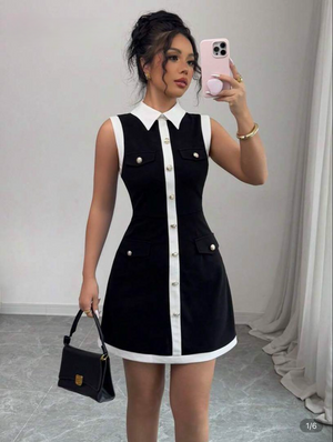Vestido corto de punto para mujer, minifalda ajustada a la moda, sin mangas, cuello vuelto, diseño de bloques de Color, novedad 2025